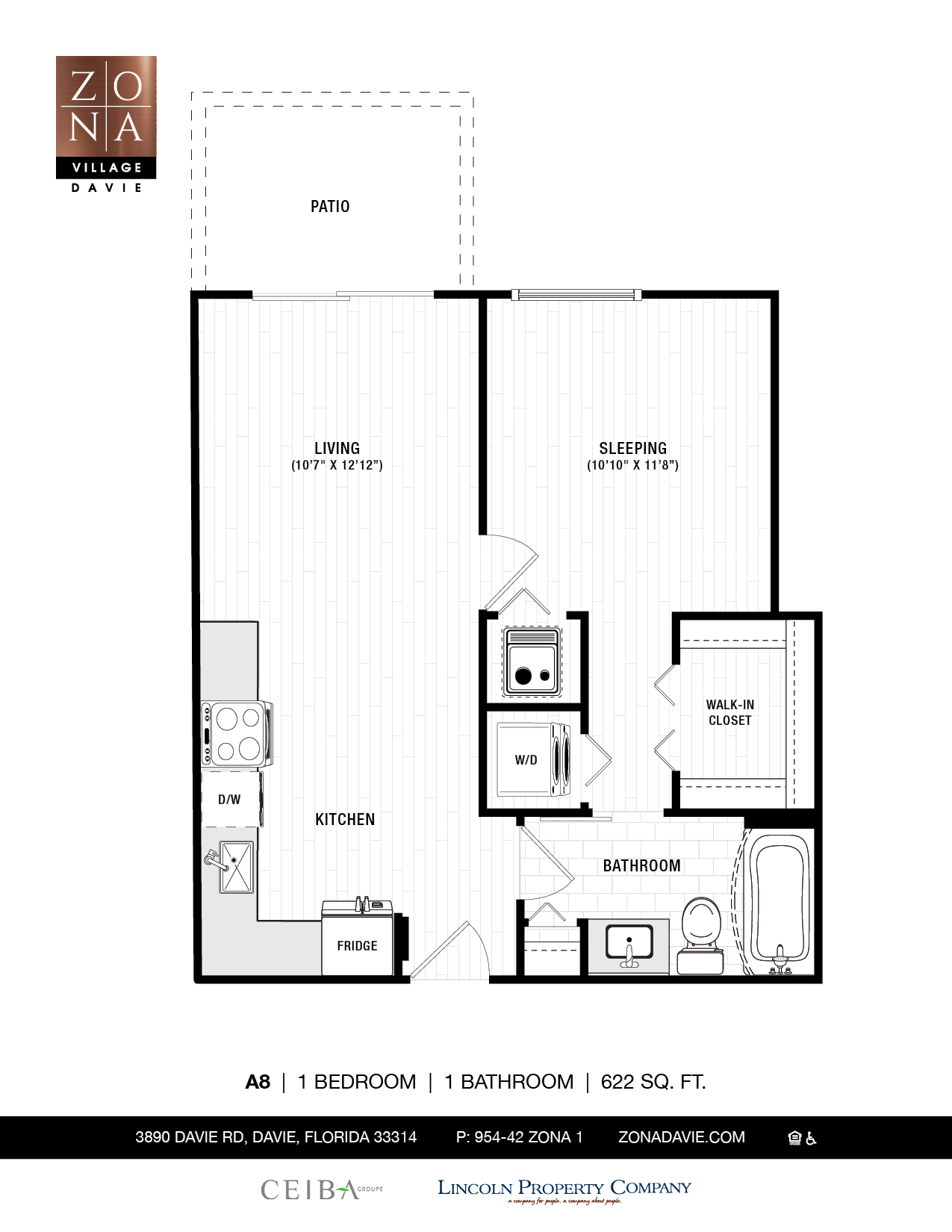 Floor plan for 1 bed, 1 bath, 622 sqft